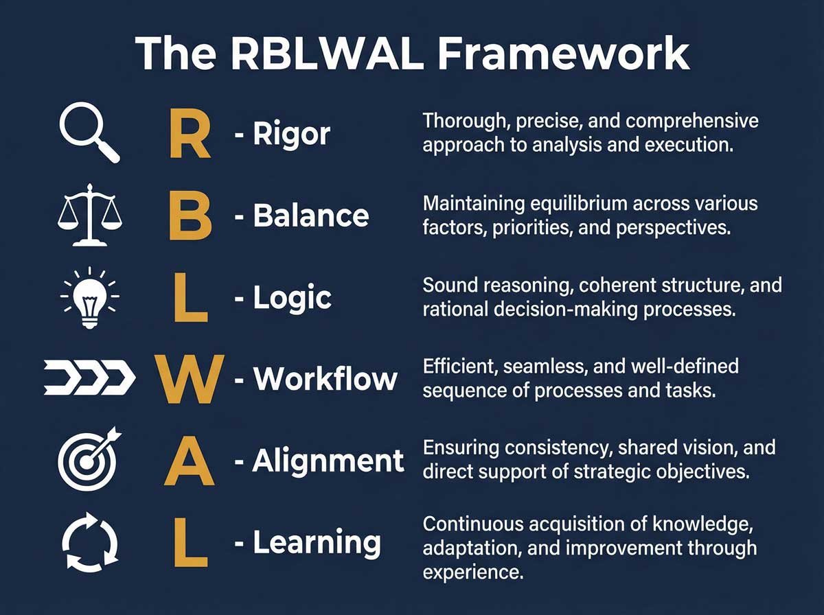 The six pillars of the Rblwal framework, each representing a core principle of structured productivity.