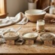 almond flour alternative — fifteen different flour substitutes arranged on a kitchen counter with measuring cups and baking ingredients