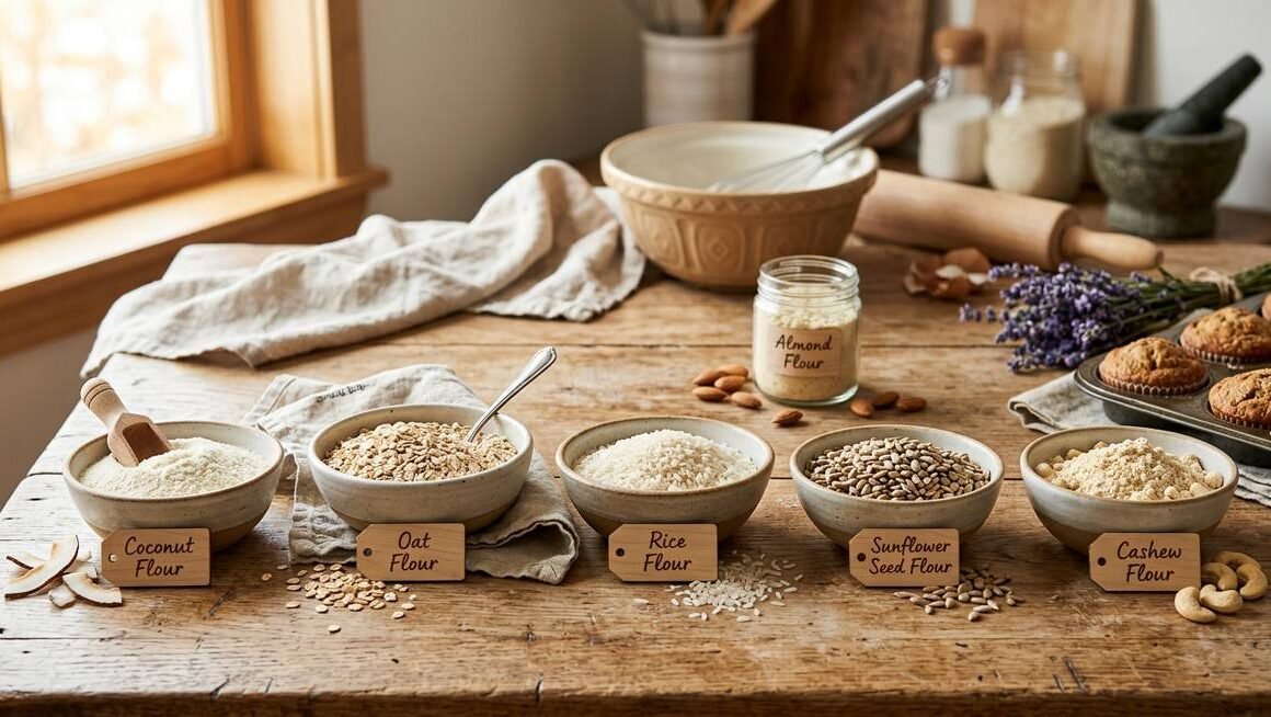 almond flour alternative — fifteen different flour substitutes arranged on a kitchen counter with measuring cups and baking ingredients