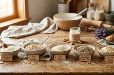 almond flour alternative — fifteen different flour substitutes arranged on a kitchen counter with measuring cups and baking ingredients