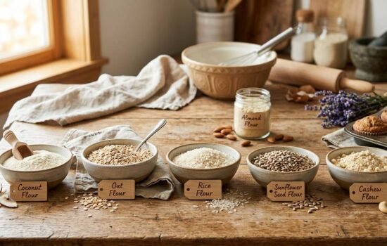 almond flour alternative — fifteen different flour substitutes arranged on a kitchen counter with measuring cups and baking ingredients