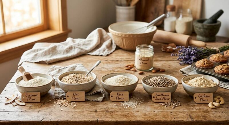 almond flour alternative — fifteen different flour substitutes arranged on a kitchen counter with measuring cups and baking ingredients