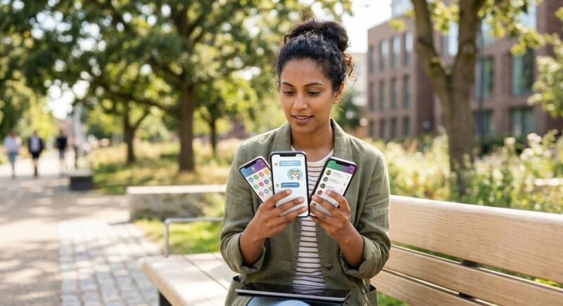 Nine free Chai AI alternative apps displayed in a comparison grid with feature icons for message limits, ads, memory, and platform availability