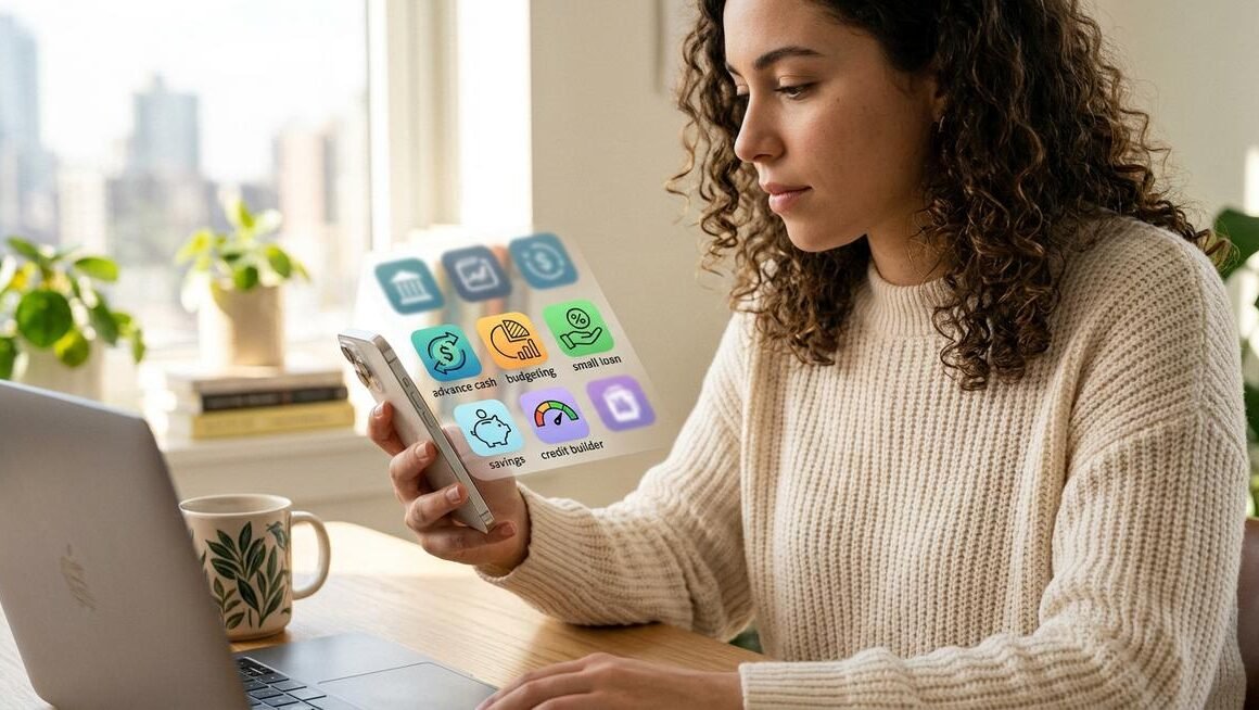 Side-by-side comparison of nine cash advance and loan apps showing fee structures and credit-building features as alternatives to Possible Finance
