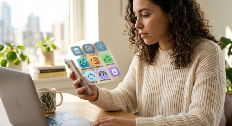 Side-by-side comparison of nine cash advance and loan apps showing fee structures and credit-building features as alternatives to Possible Finance