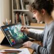 Android tablet displaying a digital illustration in progress with a stylus pen resting beside it on a creative workspace