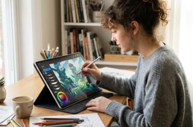 Android tablet displaying a digital illustration in progress with a stylus pen resting beside it on a creative workspace