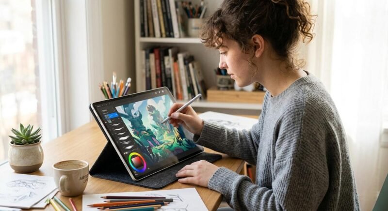 Android tablet displaying a digital illustration in progress with a stylus pen resting beside it on a creative workspace