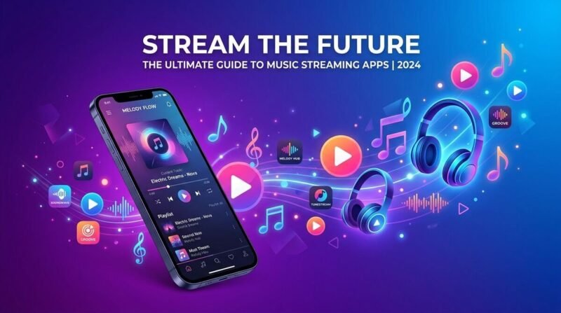 Best music streaming apps like Pandora showing smartphone with colorful app icons