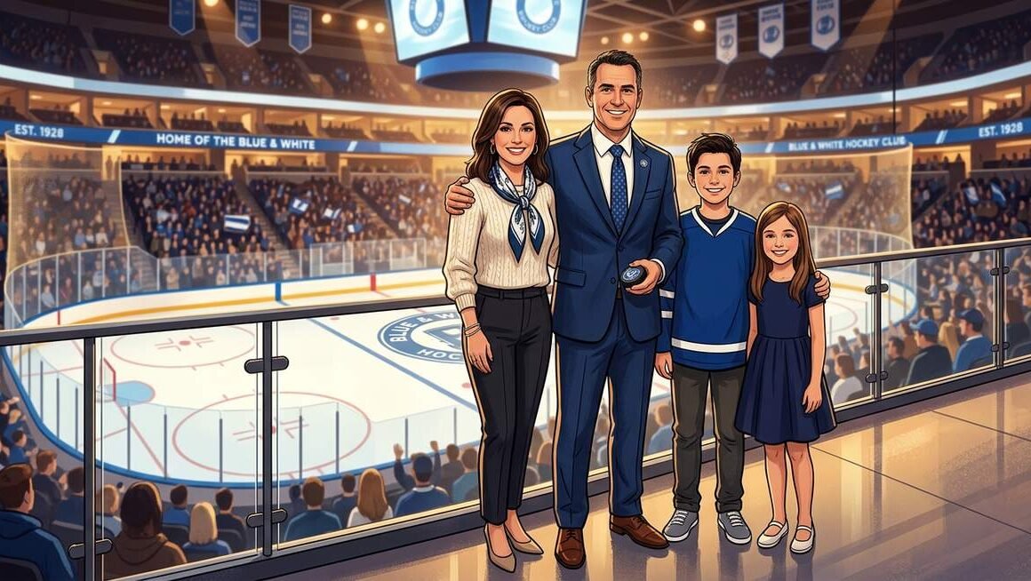 Brad Treliving wife Julie Mast Treliving family portrait in hockey setting