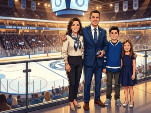 Brad Treliving wife Julie Mast Treliving family portrait in hockey setting