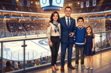 Brad Treliving wife Julie Mast Treliving family portrait in hockey setting