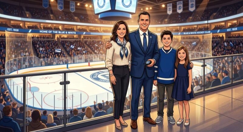 Brad Treliving wife Julie Mast Treliving family portrait in hockey setting