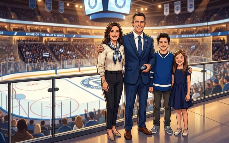 Brad Treliving wife Julie Mast Treliving family portrait in hockey setting