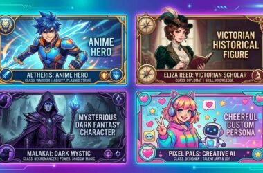 Screenshot showing ChatFAI's character category navigation interface with anime, movies, TV shows, historical figures, and custom creation sections