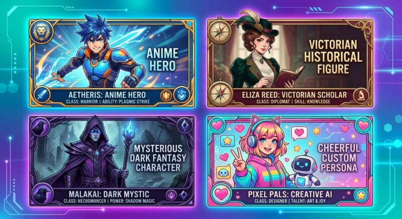 Screenshot showing ChatFAI's character category navigation interface with anime, movies, TV shows, historical figures, and custom creation sections