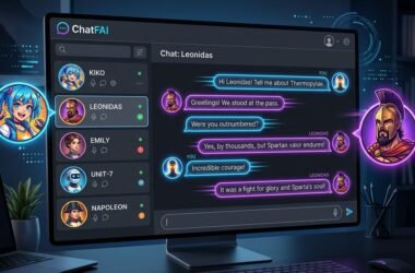 ChatFAI platform dashboard showing character selection grid with anime, historical, and custom character categories arranged in a modern dark-mode interface