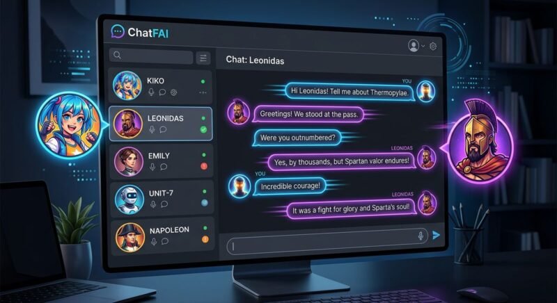 ChatFAI platform dashboard showing character selection grid with anime, historical, and custom character categories arranged in a modern dark-mode interface