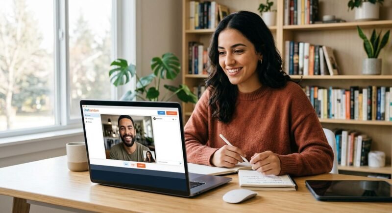 Chatrandom random video chat platform interface showing the one-click connection screen with gender filter and country selector options