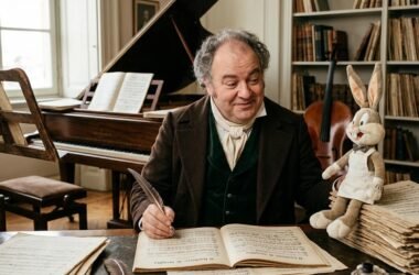 Gioachino Rossini, the composer parodied in Rabbit of Seville, alongside Bugs Bunny in his barber role