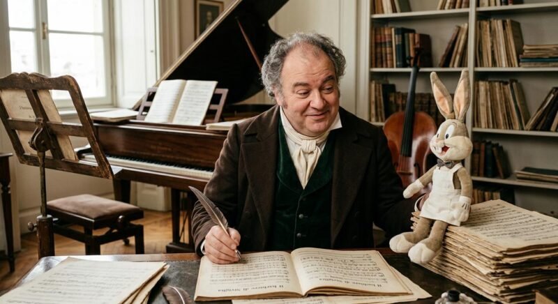 Gioachino Rossini, the composer parodied in Rabbit of Seville, alongside Bugs Bunny in his barber role