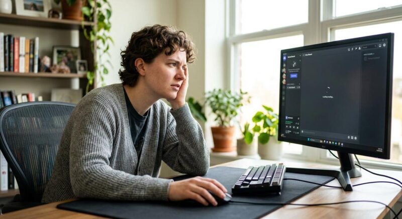 Discord voice channel frozen on the Awaiting Endpoint error message with a red warning overlay