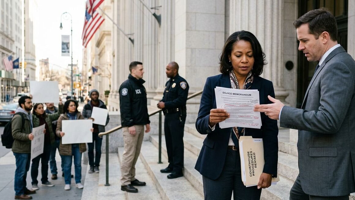 doj ice memo error — federal courthouse entrance with ICE enforcement policy documents overlay