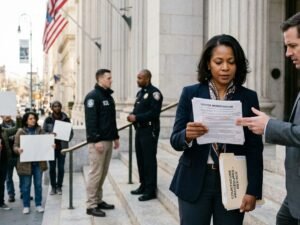 doj ice memo error — federal courthouse entrance with ICE enforcement policy documents overlay