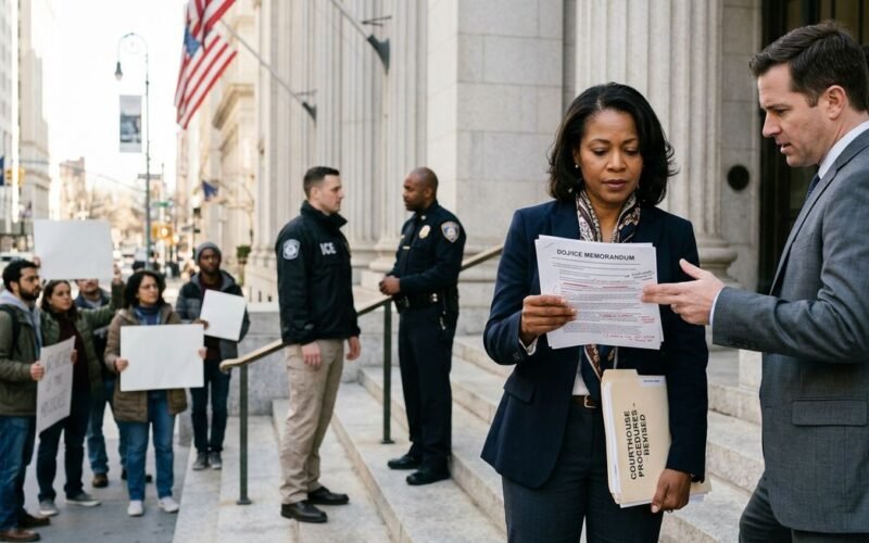 doj ice memo error — federal courthouse entrance with ICE enforcement policy documents overlay