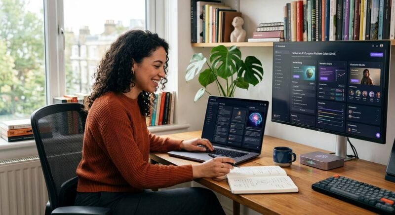FictionLab AI platform interface showing roleplay scenario creation with story cards and character personas