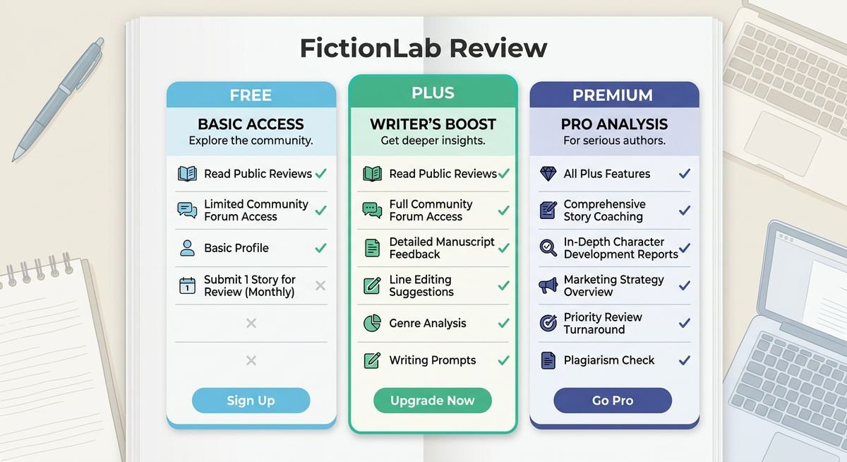 fictionlab pricing free plus and premium explained