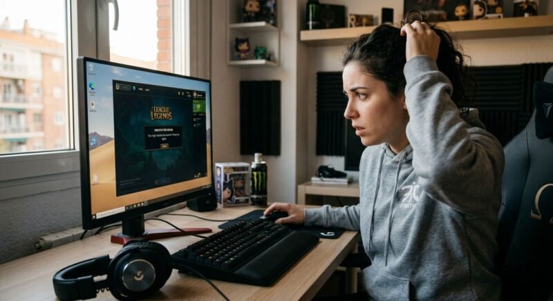 League of Legends login screen showing the unexpected error with login session message on a gaming monitor