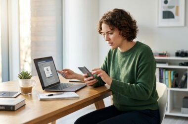 Split-screen showing a crashed app notification on an Android phone, iPhone, and Windows laptop with repair tool icons