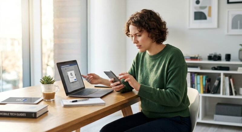 Split-screen showing a crashed app notification on an Android phone, iPhone, and Windows laptop with repair tool icons