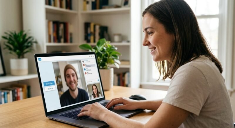 Step-by-step walkthrough of the Chatrandom setup process showing the download screen, browser permission prompts, gender filter selection, and the active video chat interface