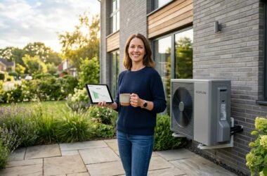 is a heat pump worth it — residential heat pump system installed beside a modern home showing outdoor compressor unit and efficiency comparison