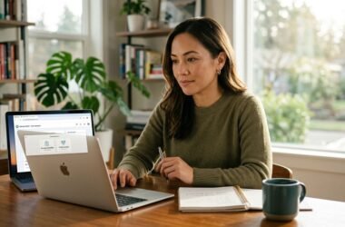 Person reviewing SurveyWorld on a laptop with a legitimacy verdict overlay