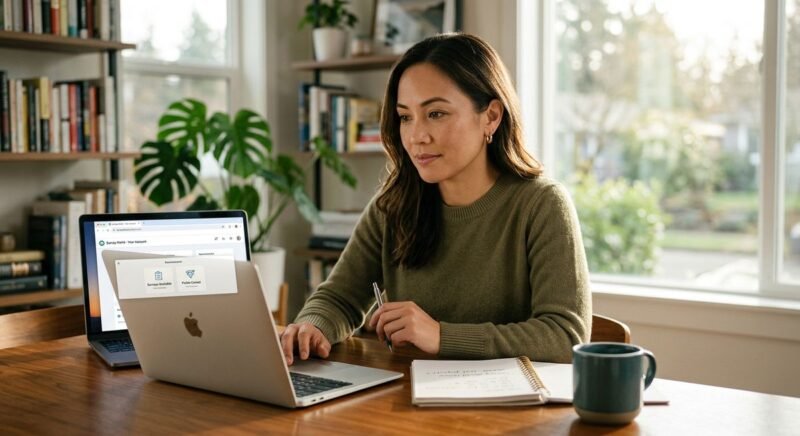 Person reviewing SurveyWorld on a laptop with a legitimacy verdict overlay