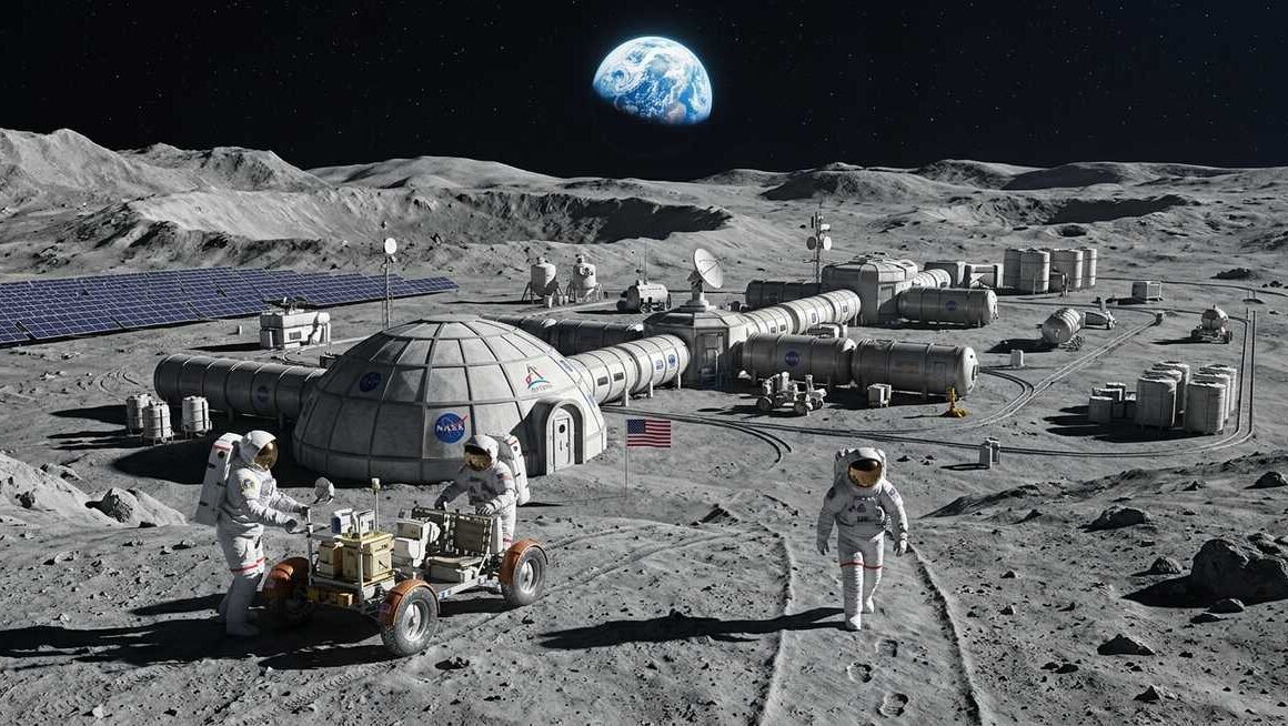nasa $20 billion moon base concept showing habitat modules at the lunar south pole