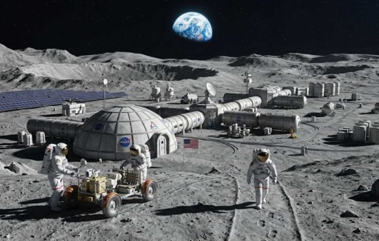 nasa $20 billion moon base concept showing habitat modules at the lunar south pole