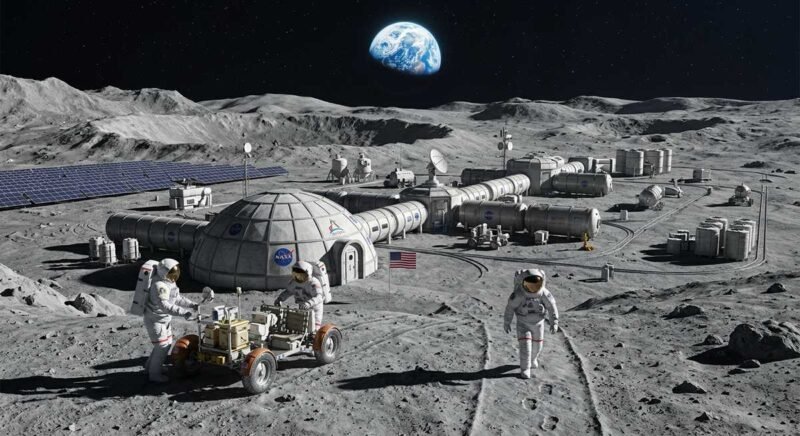nasa $20 billion moon base concept showing habitat modules at the lunar south pole
