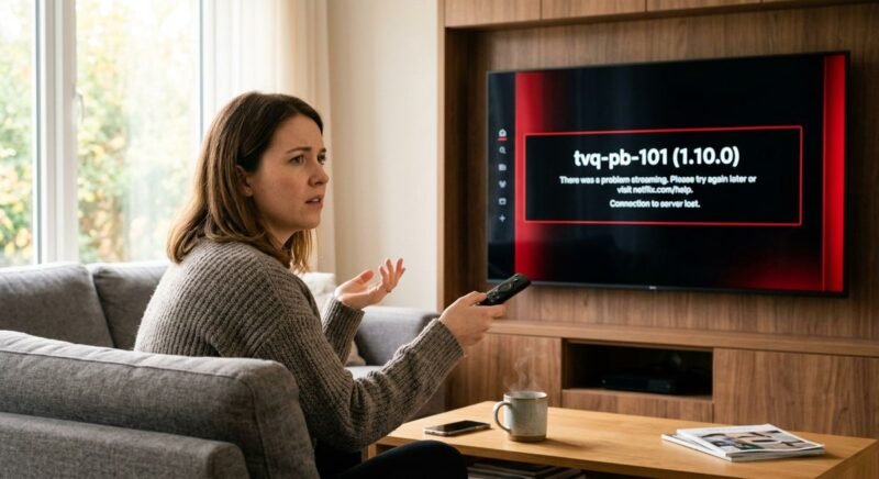 TV screen showing Netflix error code tvq-pb-101 in a living room setting