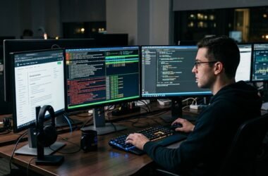 Computer screen displaying cryptic software error codes in a terminal window with diagnostic tools open