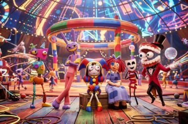 The Amazing Digital Circus cast featuring Pomni, Caine, Jax, and Ragatha in the surreal digital circus world