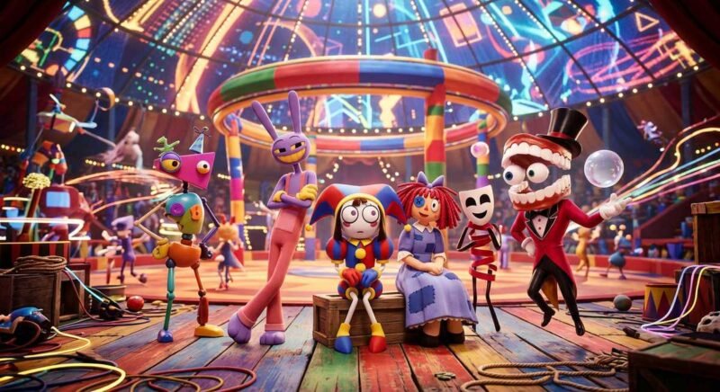 The Amazing Digital Circus cast featuring Pomni, Caine, Jax, and Ragatha in the surreal digital circus world