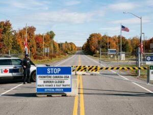 us canada border road closure — gravel road along Alberta-Montana boundary near Coutts with prairie landscape and border markers