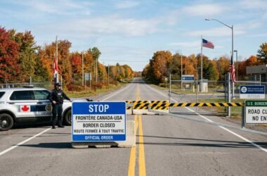 us canada border road closure — gravel road along Alberta-Montana boundary near Coutts with prairie landscape and border markers