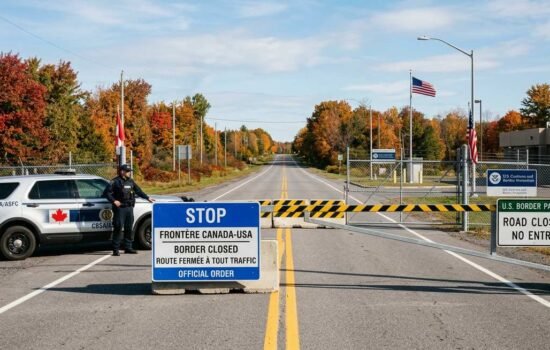 us canada border road closure — gravel road along Alberta-Montana boundary near Coutts with prairie landscape and border markers