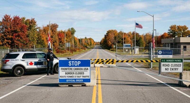 us canada border road closure — gravel road along Alberta-Montana boundary near Coutts with prairie landscape and border markers