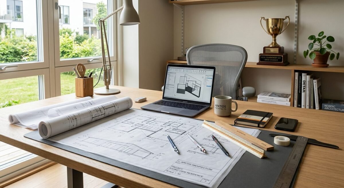 Marie Kojzar architect career — blueprints and drafting tools representing her Royal College of Art architectural background